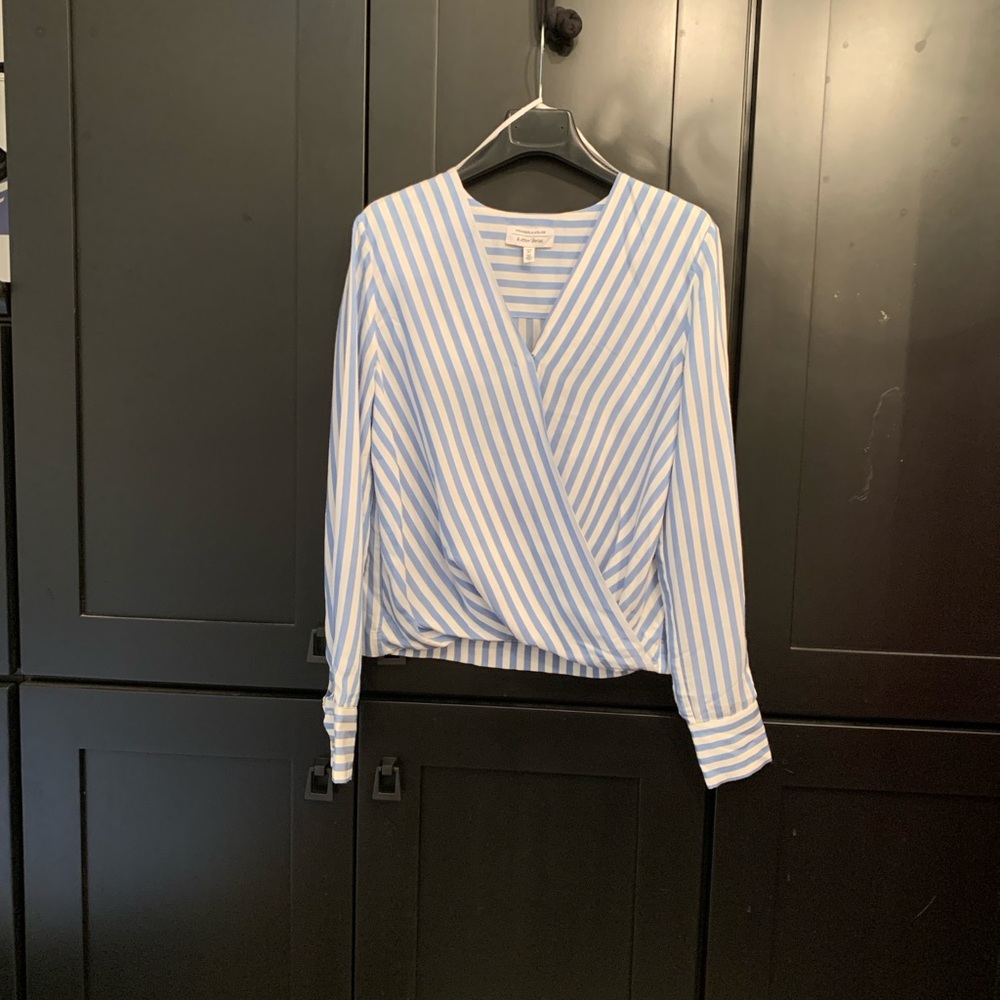 & Other Stories White and Blue  Wrap Blouse Long Sleeve Fitted